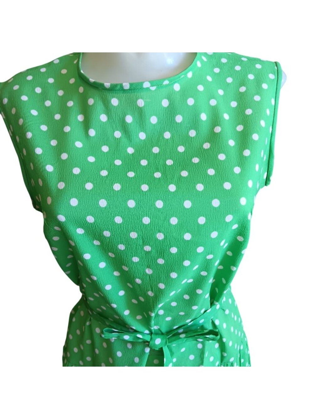 True Vintage Fritzi Dress sz 10 Green Polka Dot Sleeveless Waist Tie Back Zipper